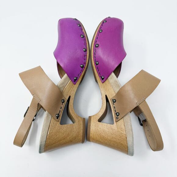 Dansko Fuchsia/Tan Leather Clogs Women's EU 38 Adjustable Straps Faux Wood Heel - Picture 5 of 10